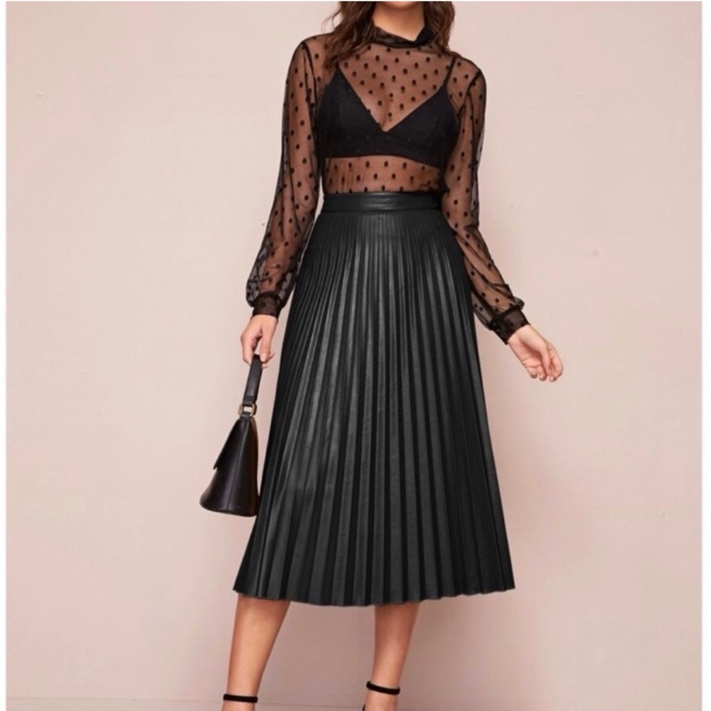Black Pleated Midi Skirt - Women's Elegant A-Line
